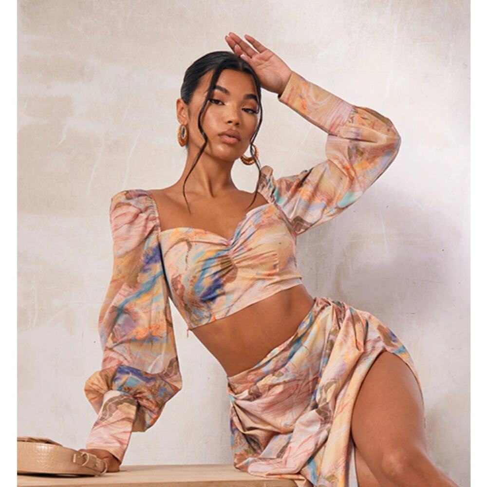 Festival‎ Pastel Marble Boho Fairy Ruched Crop Blouse Long Sleeve 4 / Small NWT